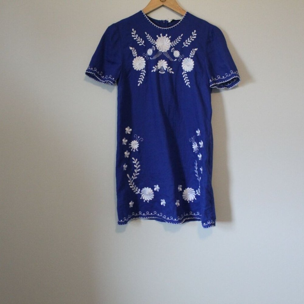 Zara Embroidered Floral Shift Linen Dress Blue White Women's Size Small H12693 - Picture 3 of 11